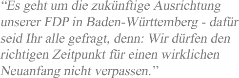 “Es geht um die zukünftige Ausrichtung unserer FDP in Baden-Württemberg - dafür seid Ihr alle gefragt, denn: Wir dürfen den richtigen Zeitpunkt für einen wirklichen Neuanfang nicht verpassen.”